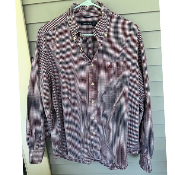 Nautica Other - Nautica Mens Large Red Blue Gingham Plaid Long Sleeve Button Down Shirt 0453